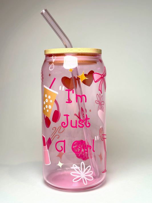 “I’m Just A Girl” Beer Glass Can - Pink Glass